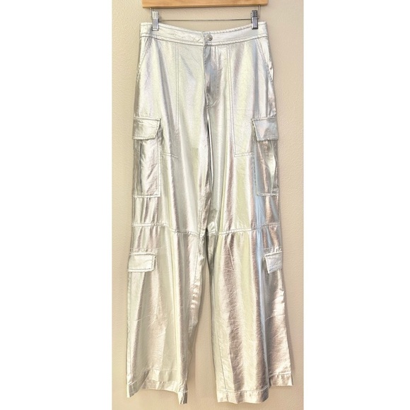 NEW Zara Silver Metallic Wide Leg Cargo Pants Luxe High Rise Utility - Picture 5 of 10